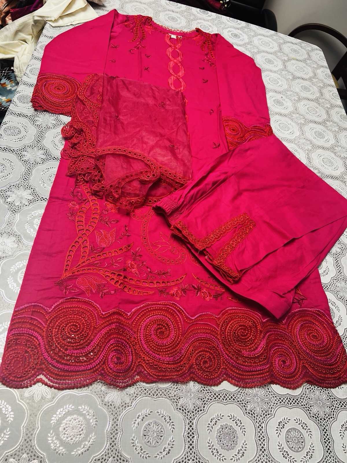Mushq -Three Piece Embroidered Cotton Lawn,Shocking Pink , Sz Medium