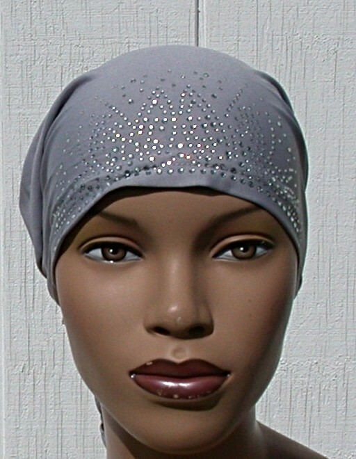 Rhinestone Turban Cap Hijab GREY Rayon Chemo Tie Back Cap