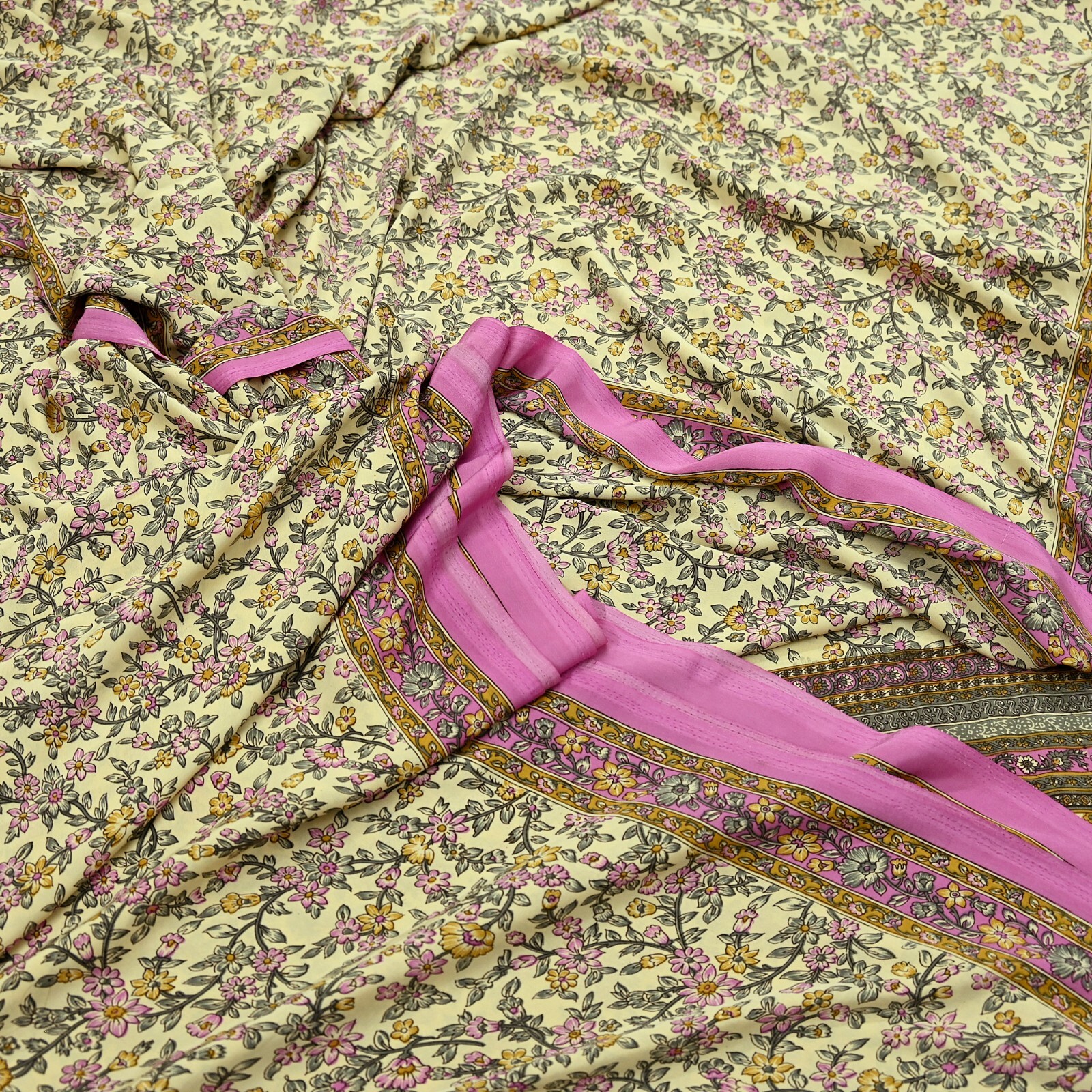 Vintage Sari Ivory & Pink Moss Crepe Printed Sarees 5yd Craft Fabric Sewing Soft