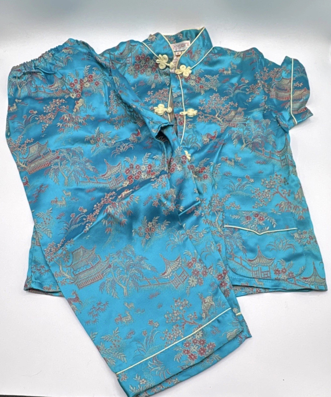 Peony Brand Girls Blue Satin Cheong-sam Traditional Chinese Outfit Set Size 6