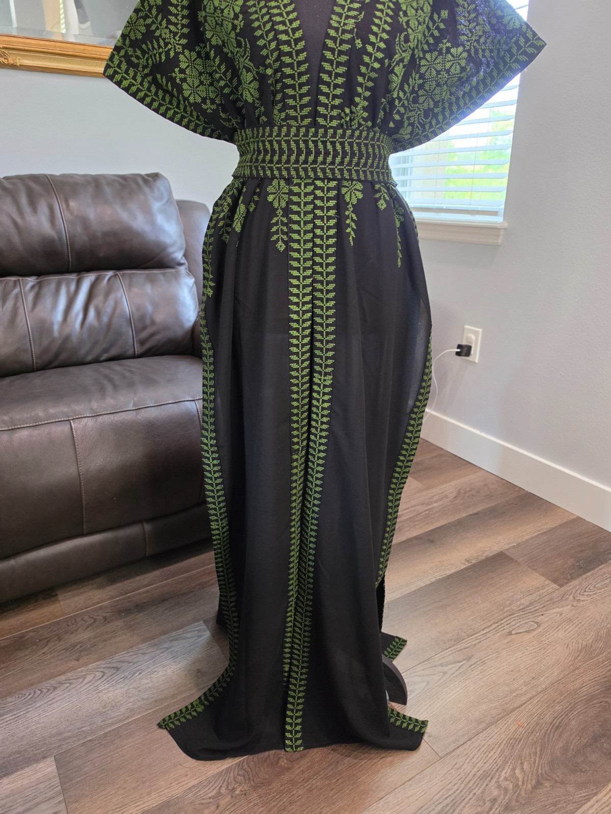 Black Palestinian Jordanian Abaya Thobe with Green tatreez Embroidery