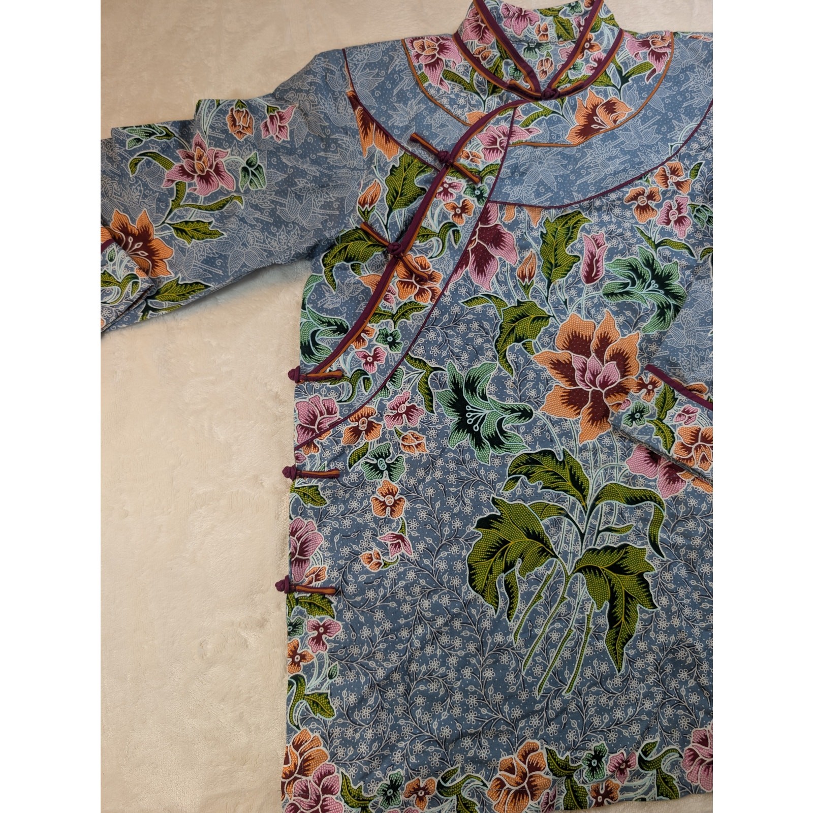 Vintage Asian Floral Mandarin Collar Blouse Blue Batik Print Frog Closure Top M
