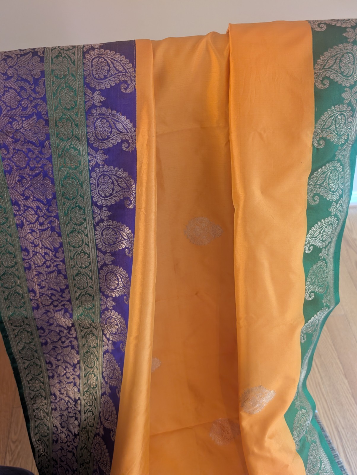 Handmade Silk Banarasi Orange Green Purple Gold Saree Paisley Brocade Border