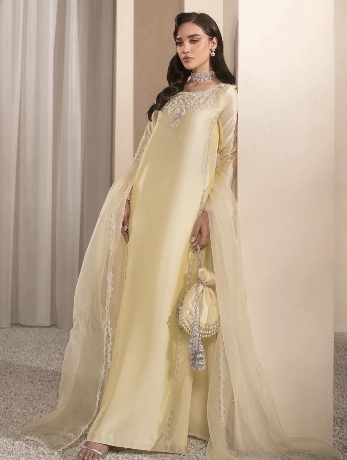 Mahum Asad Lolita – Yellow Embroidered Kaftan 3 piece