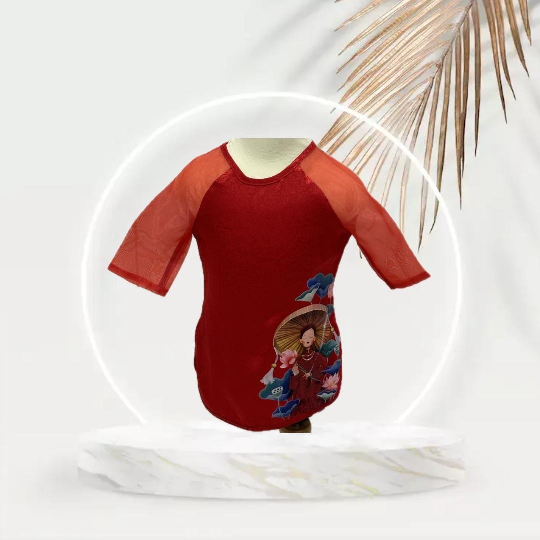 Red Vietnamese Traditional Ao Dai/Ao Ba Ba with Red Pants for Girl. Complete Set