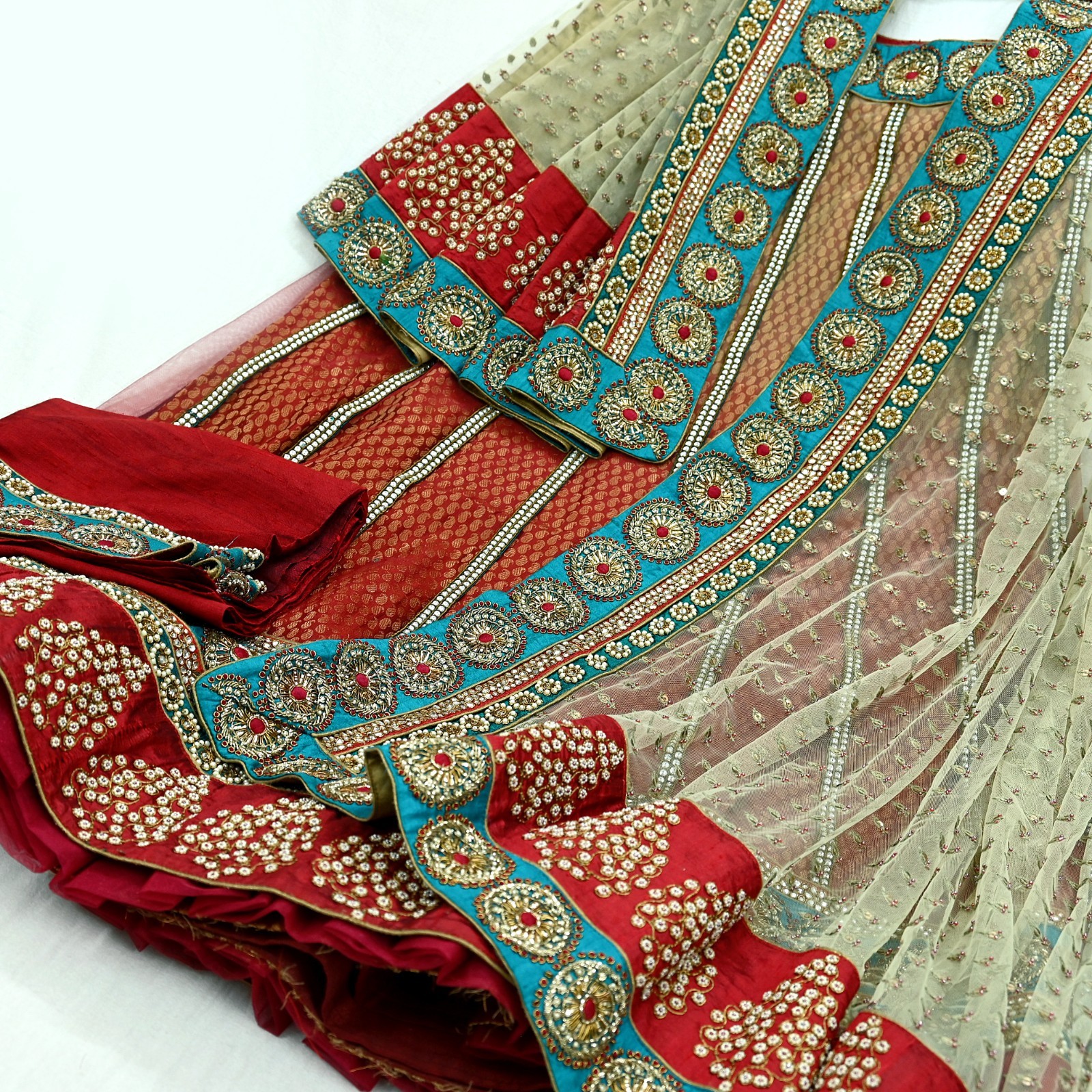 Heavy Wedding Net/Mesh Hand Embroidered Lehenga 3pcs Set Designer Anamika Khanna