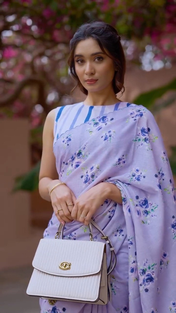 Lavender Soft Linen Saree Digital Rose Print Cutwork Border Striped Blouse