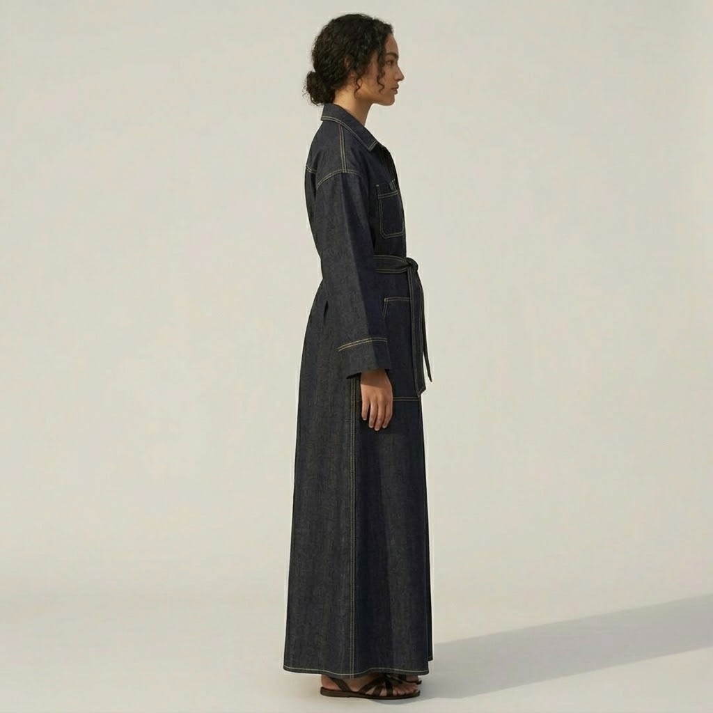 Denim Abaya Dress, Lightweight Modest Maxi Coat, Button Down Belted Sustainable