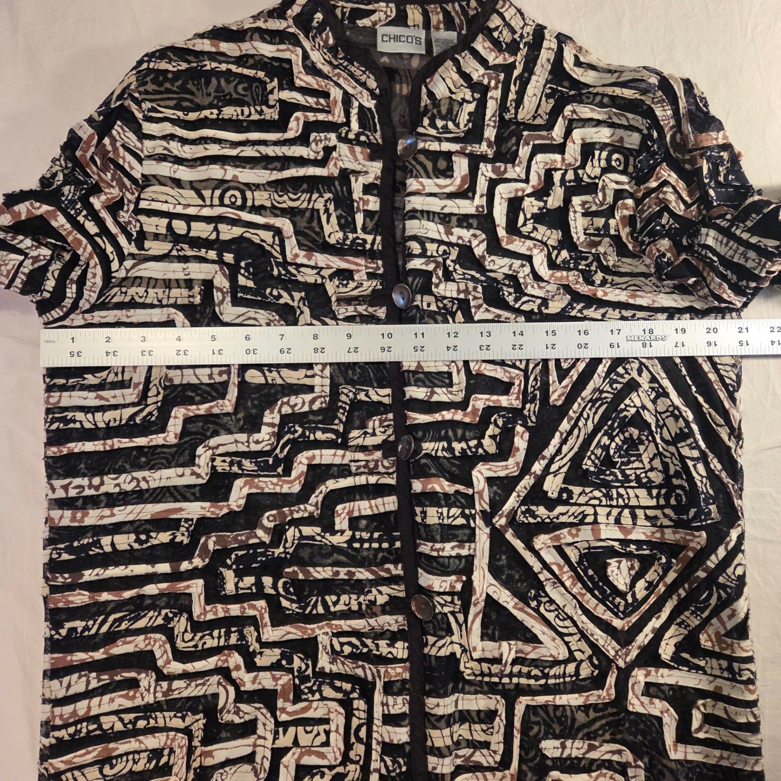 Tribal Mesh Button Up Mandarin Style Lightweight Jacket Boho, Chico’s Size 2