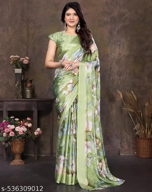 Women Tussar Silk Printed Saree With Blouse Material