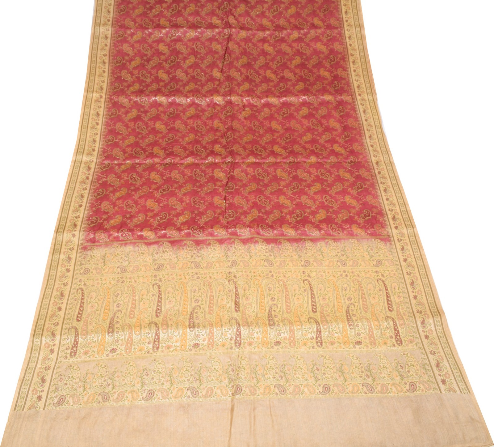Sushila Vintage All Over Woven Saree 100%Pure Tussar Silk Maroon 5YD Sari Fabric