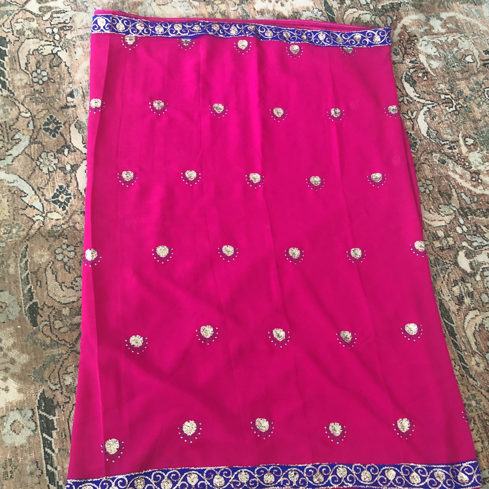 Saree Sari Metallic Sequined Embroidered Floral Scarf Fuchsia Pink Costume 6 Yd
