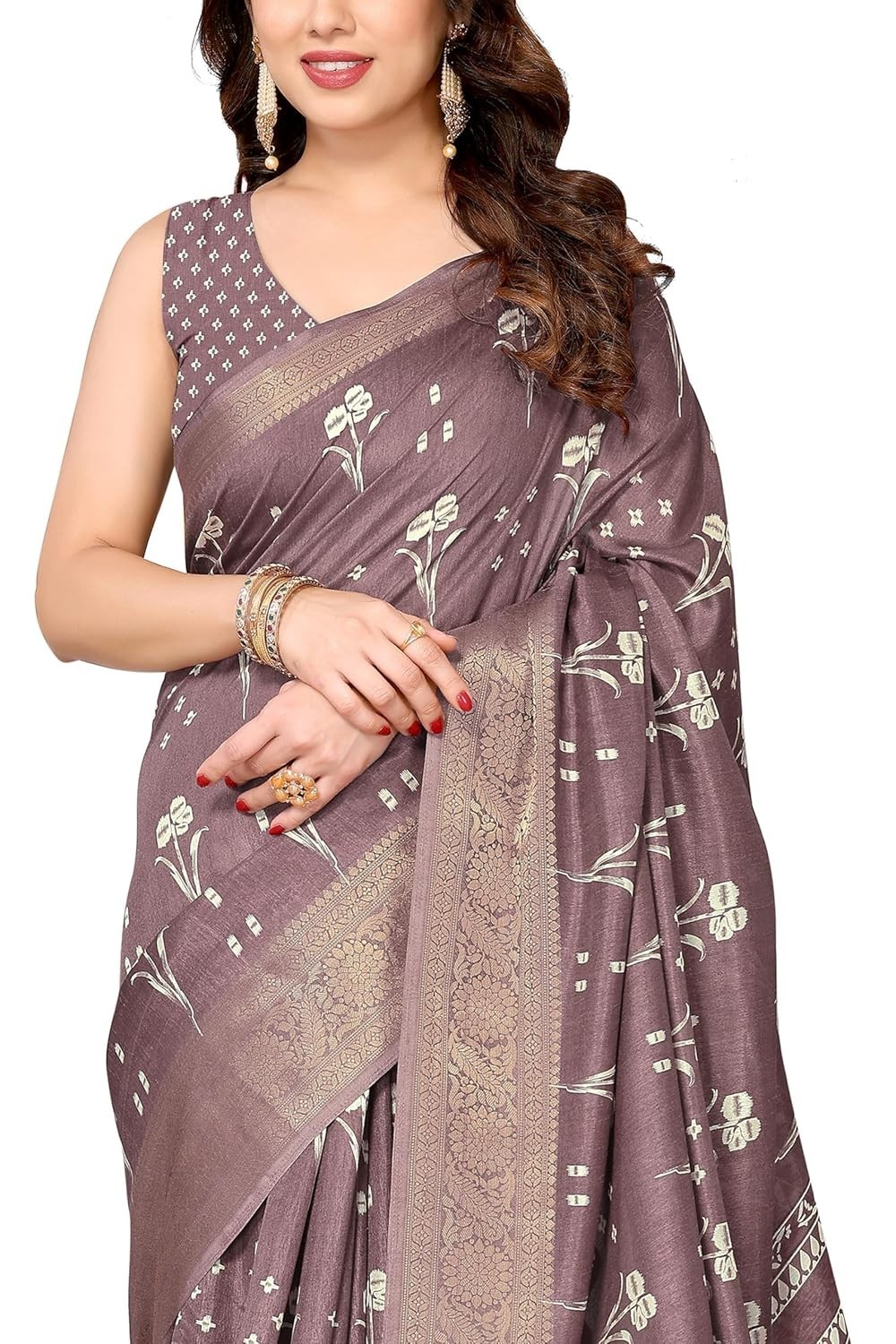 Women’s Silk Blend Block Printed Saree with Blouse Piece