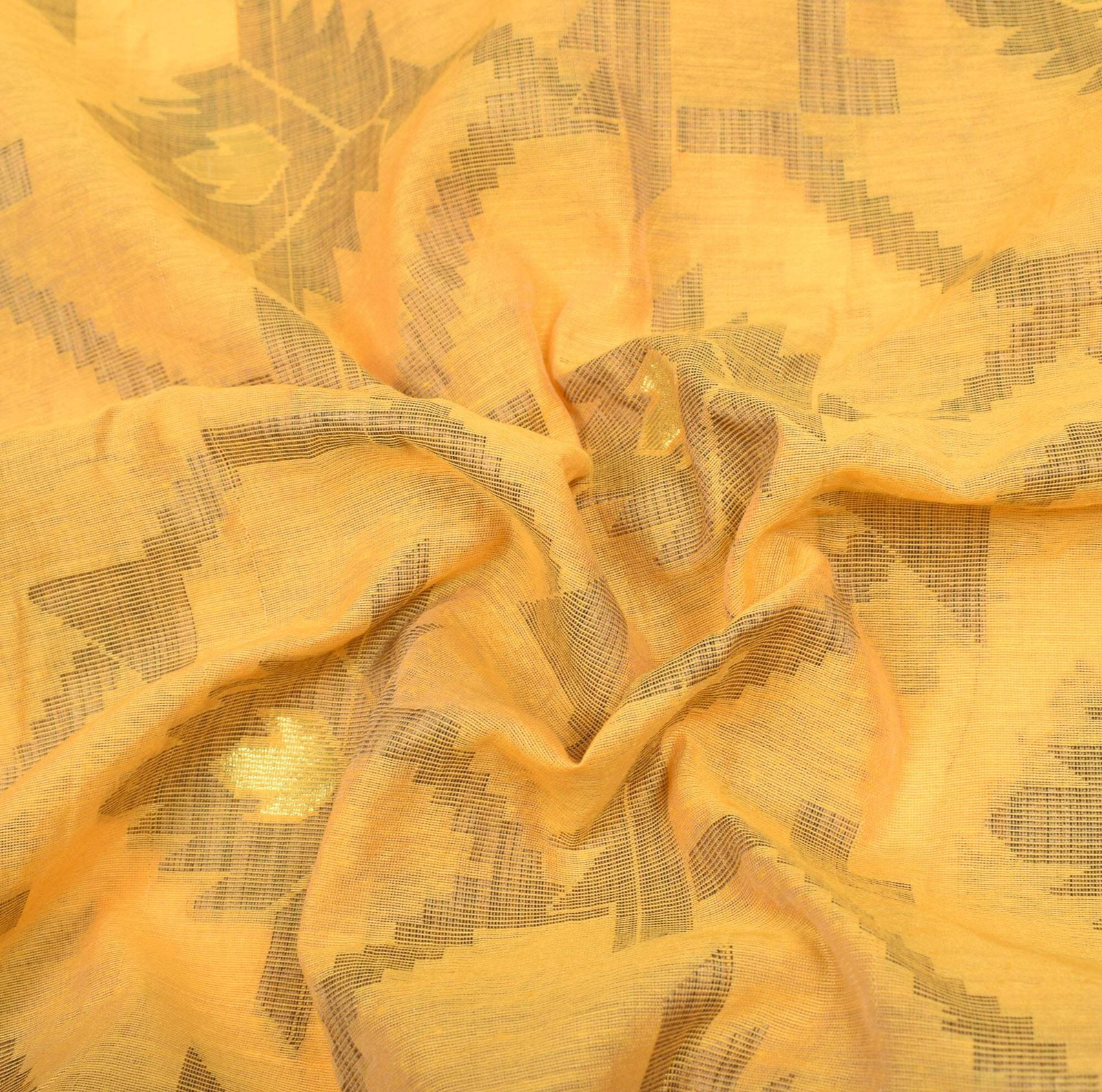 Sushila Vintage Dhakai Jamdani Saree Art Cotton Silk Yellow Woven Sari Fabric
