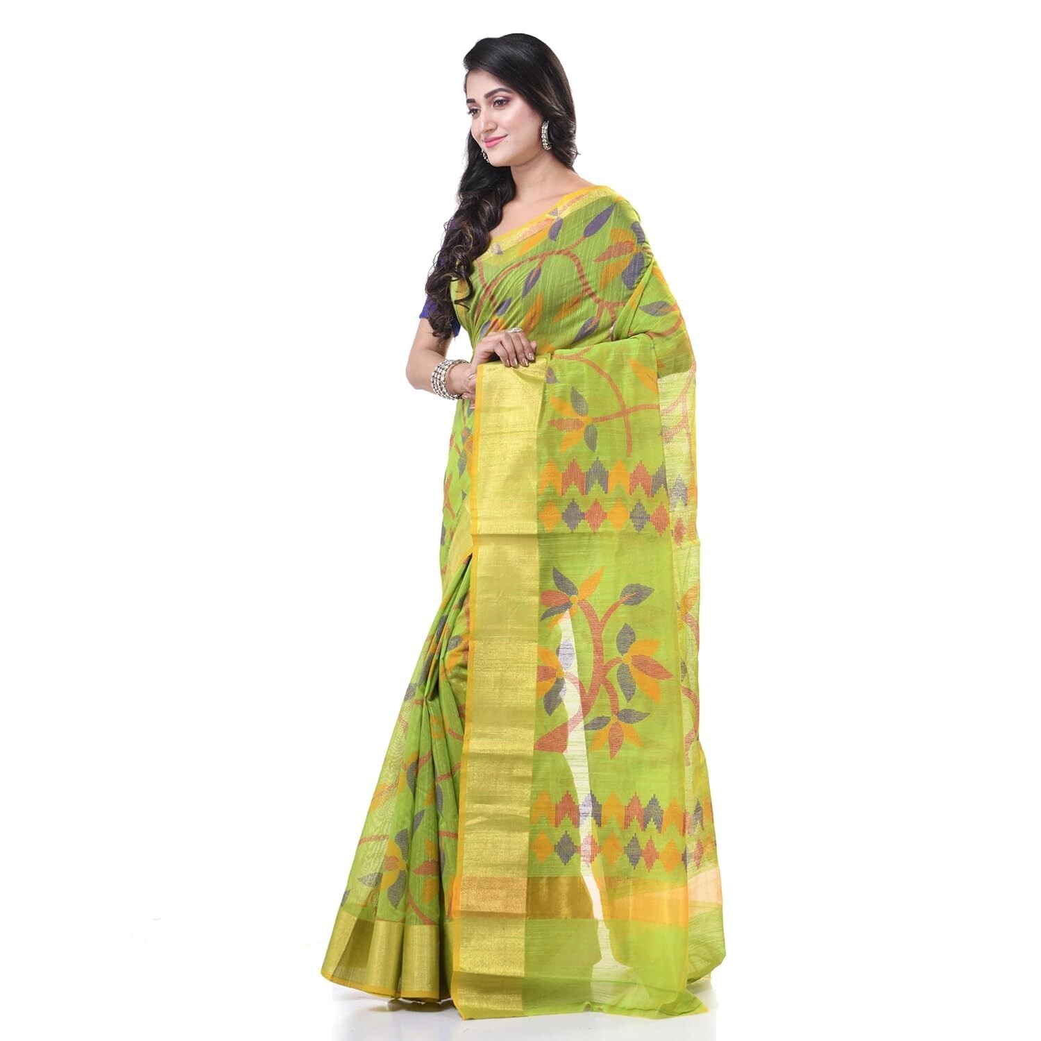 Women`s Tant Cotton Silk Handloom Cotton Blend Saree Floral Leaf Design
