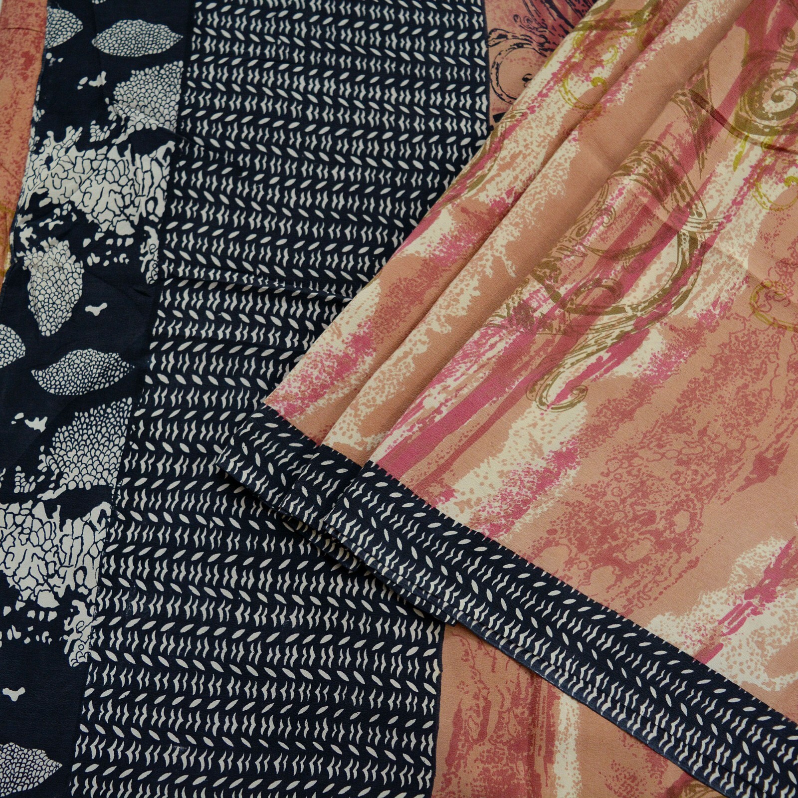Vintage Sari Brown & Black Pure Crepe Silk Printed Saree 5yd Sewing Dress Making