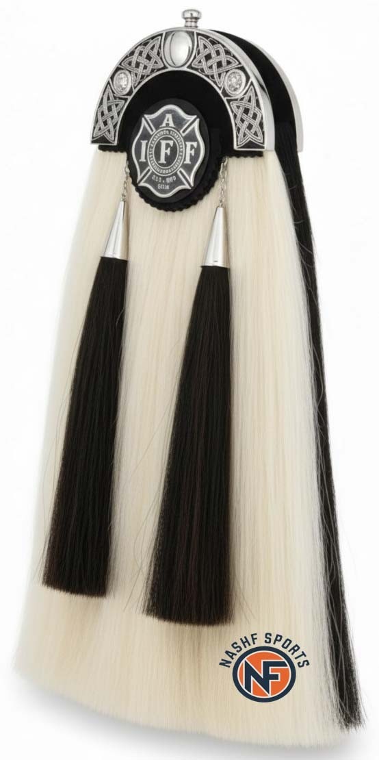 Scottish Firefighter Horsehair Sporran White Black Tassels Silver Celtic Cantle