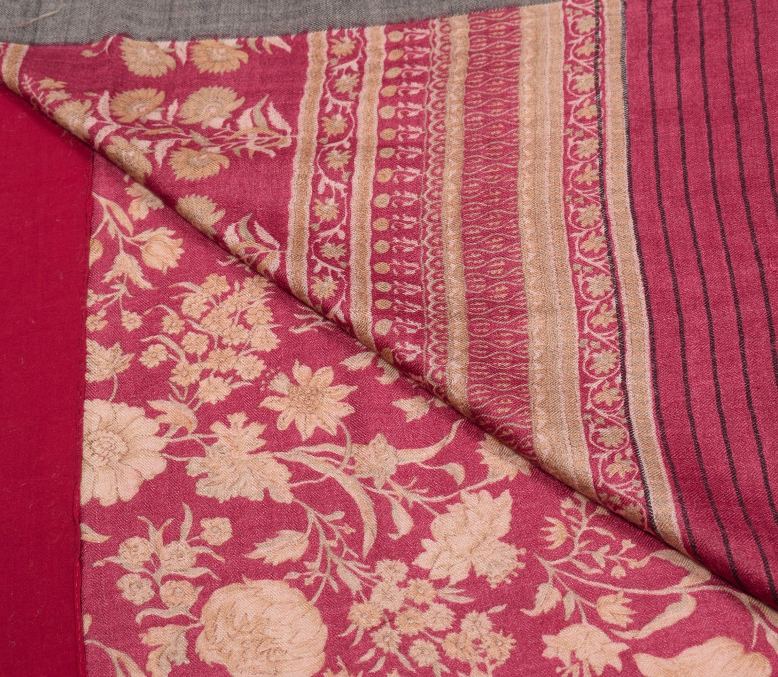 Sushila Vintage Pure Woolen Saree Floral Printed Woven Dark Magenta Sari Fabric