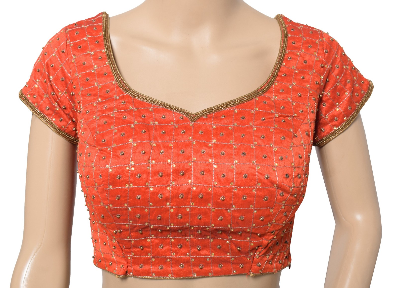 Sushila Vintage Padded Red Sari Blouse Readymade Art Silk Embroidered Choli 34″