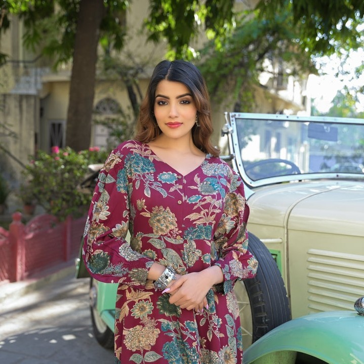 Premium Maroon Floral Print Rayon Fabric Flared Long Dress for Women | Flowy Boh