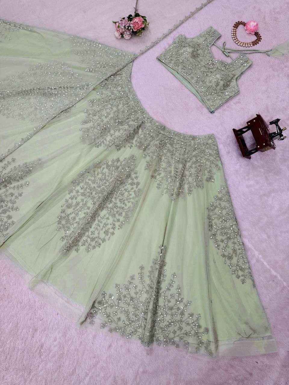 Latest Soft Butterfly Net Lehenga Choli And Pista Green Dupatta For Wedding Wear