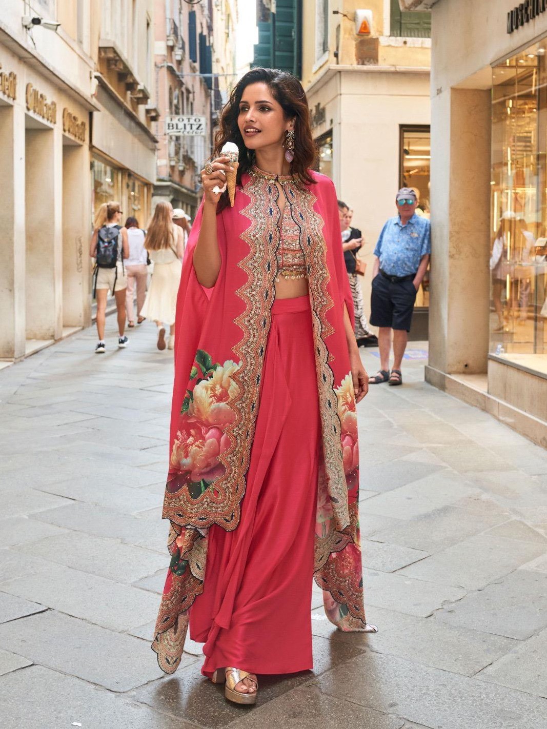 Designer Chinon Drape Set for Women – Embroidered Crop Top, Drape Skirt & Floral