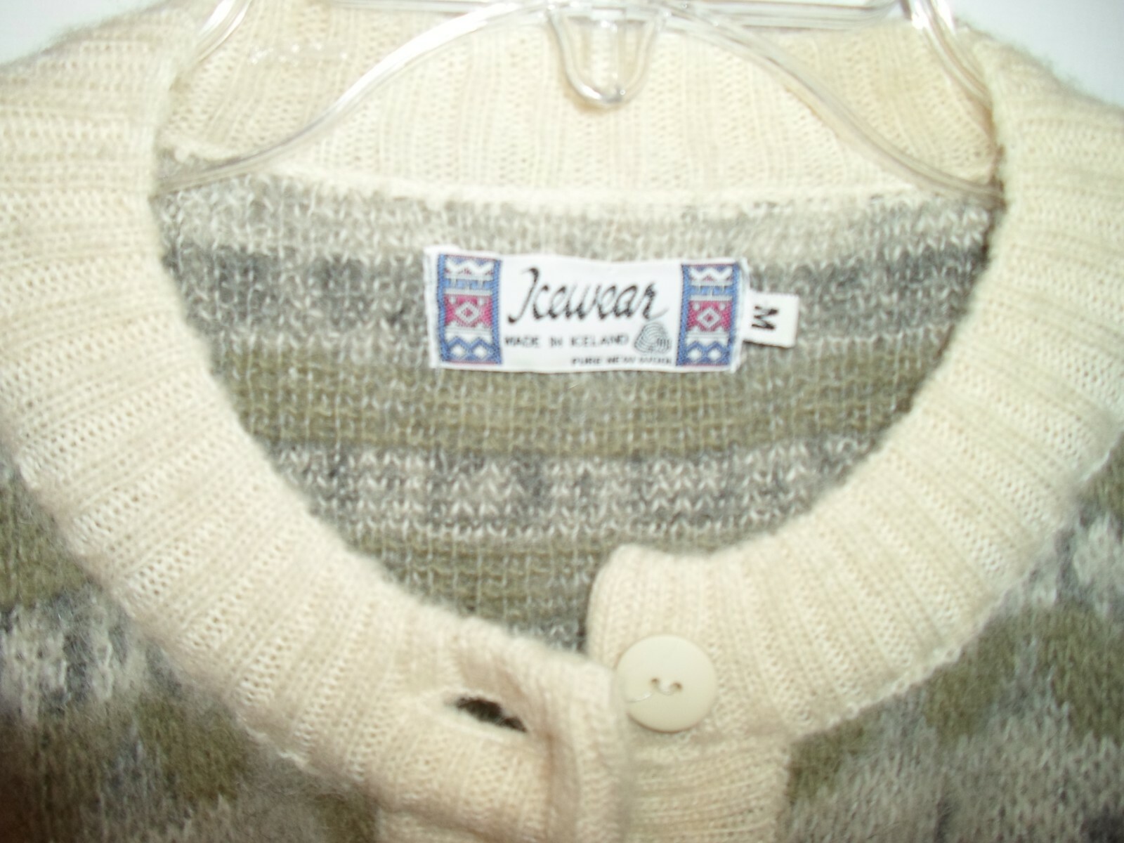 ICEWEAR Sz MED Nordic Cardigan Sweater Wool Iceland Ivory/Gray/Moss WARM Unisex