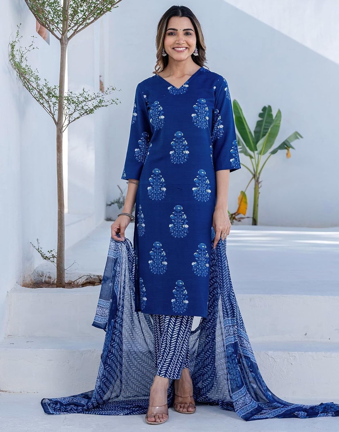 Women’s Rayon Blend Floral Printed Straight Kurta Pant with Dupatta Set