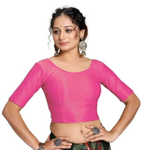 Cotton & Lycra Saree Blouse Round Neck Dobby Stretchable Elbow Sleeve Readymade