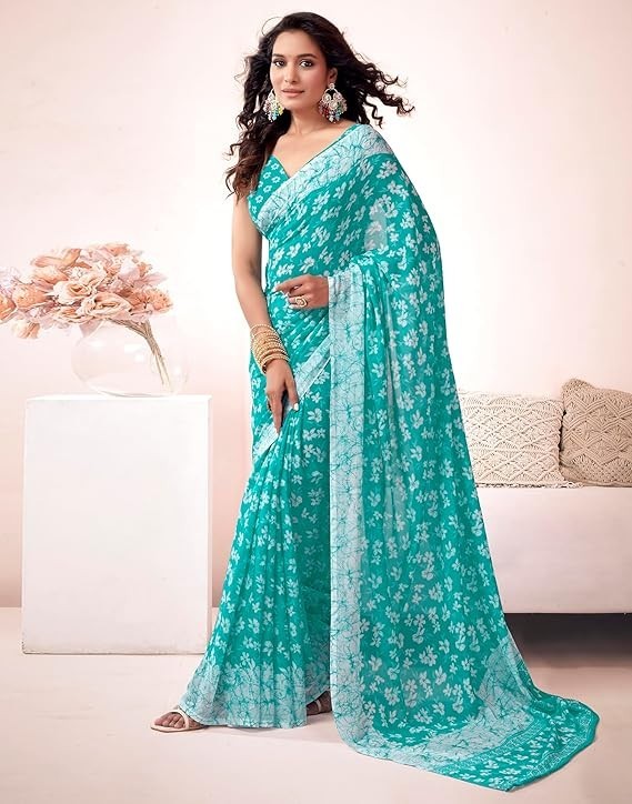 Women’s Floral Printed Georgette Saree with Unstitched Blouse Piece