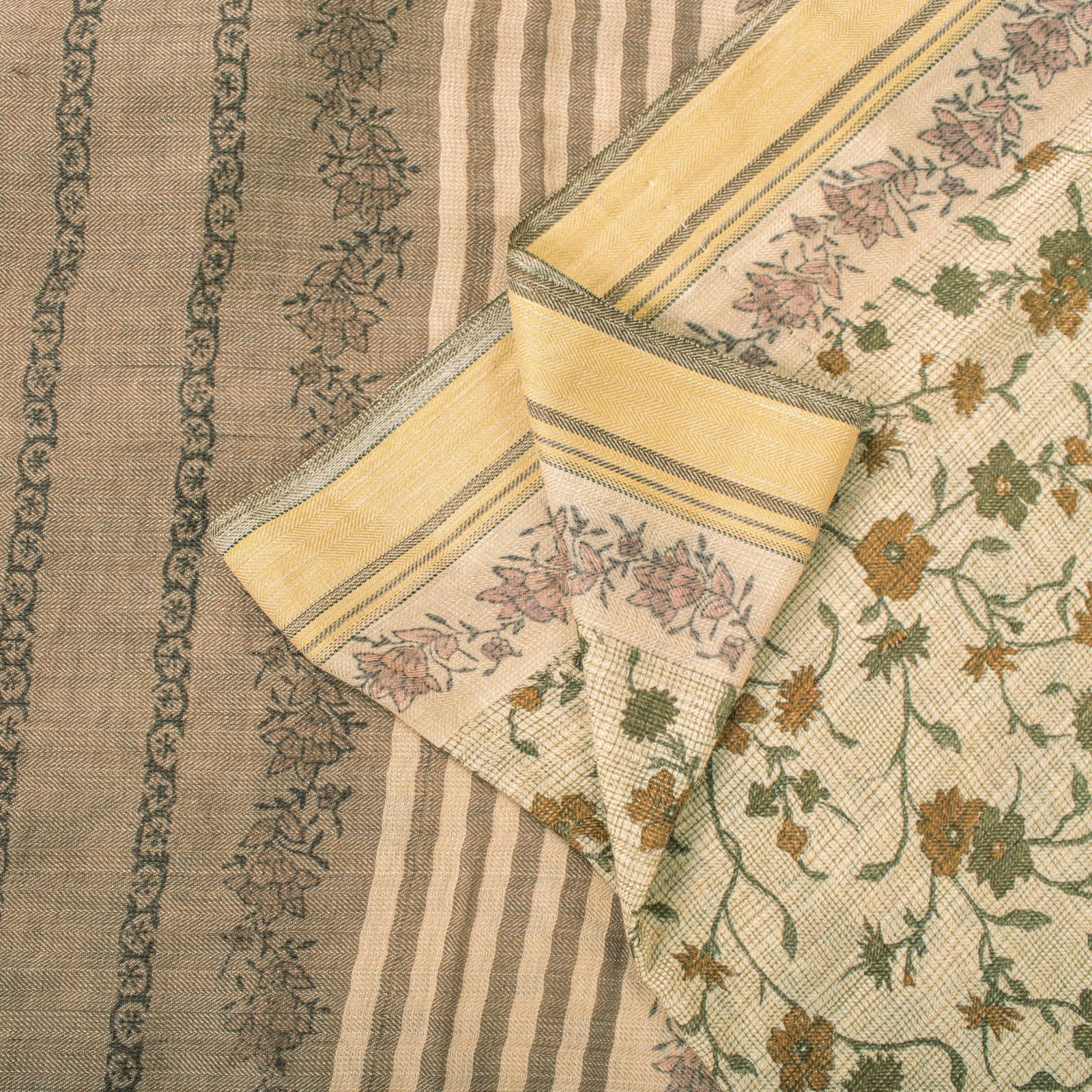 Sanskriti Vintage Pure Woolen Cream Saree Fabric Sanganeri Hand Block Print Sari