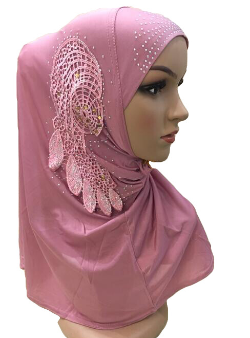 One Piece Muslim Women Hijab Flower Islam Hot Drilling Scarf Al Amira Headscarf