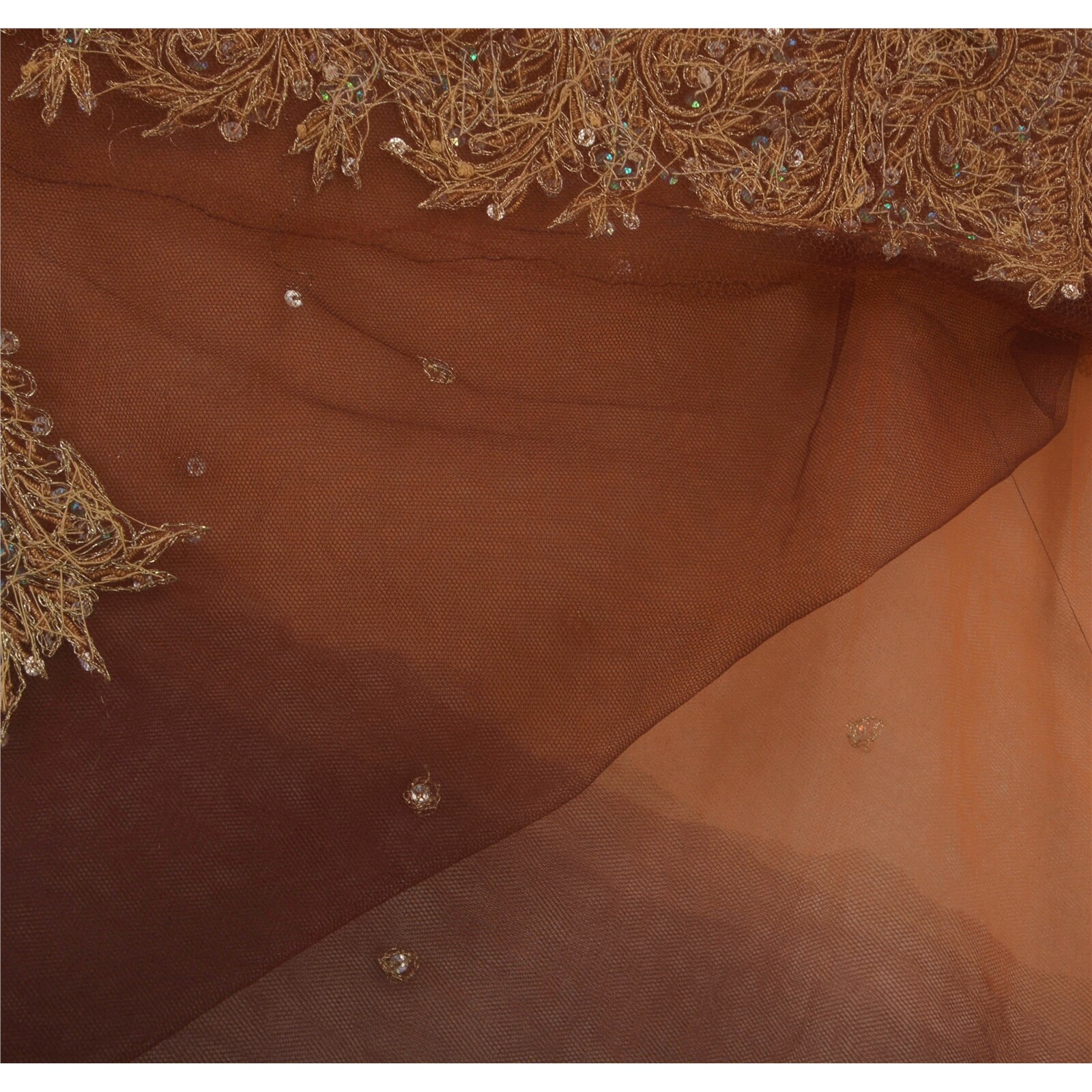 Sanskriti Vintage Orange Net Mesh Hand Beaded Sarees Craft Fabric Antique Sari