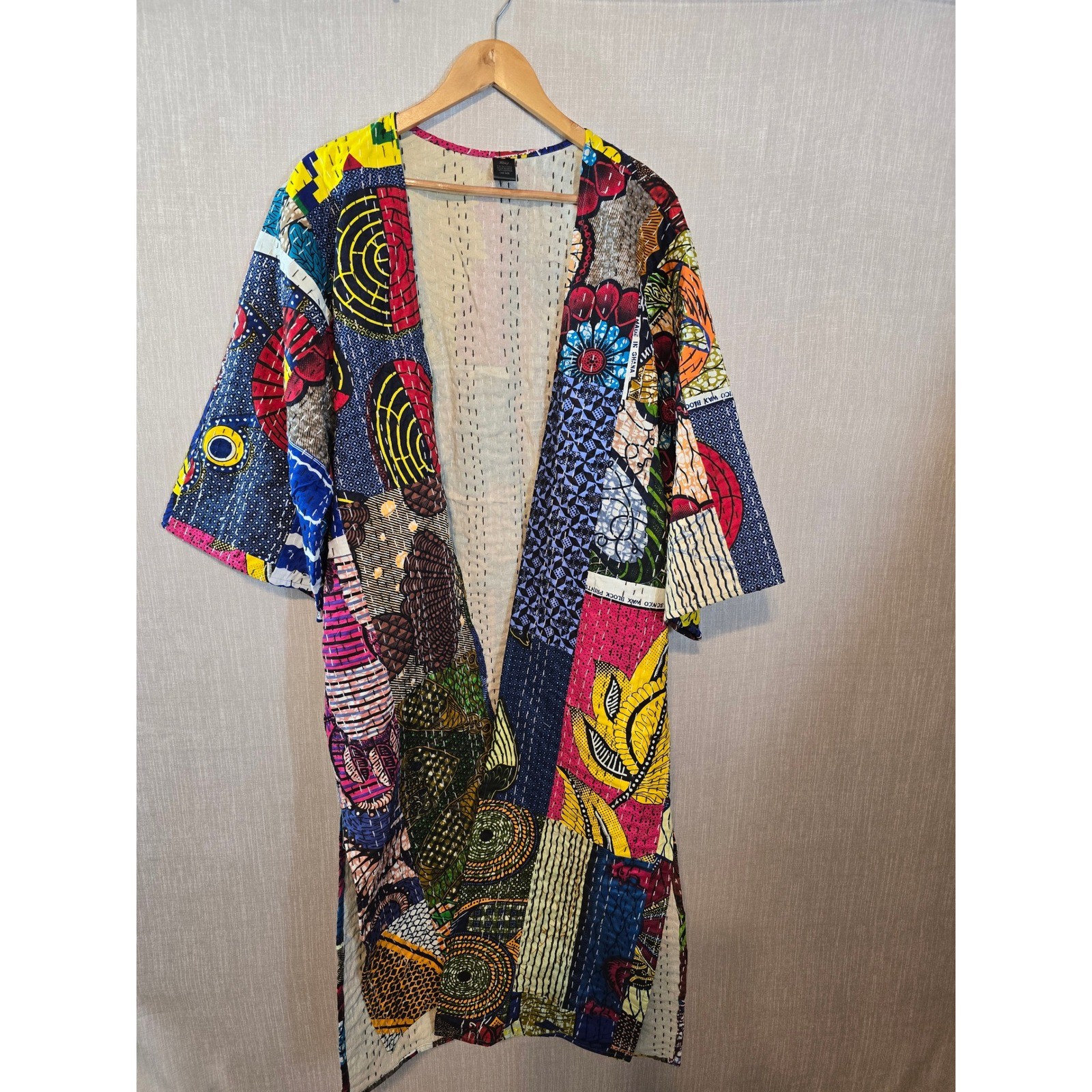 Raj Patchwork Kantha Stitch Kimono Jacket One Size India Cotton Pockets
