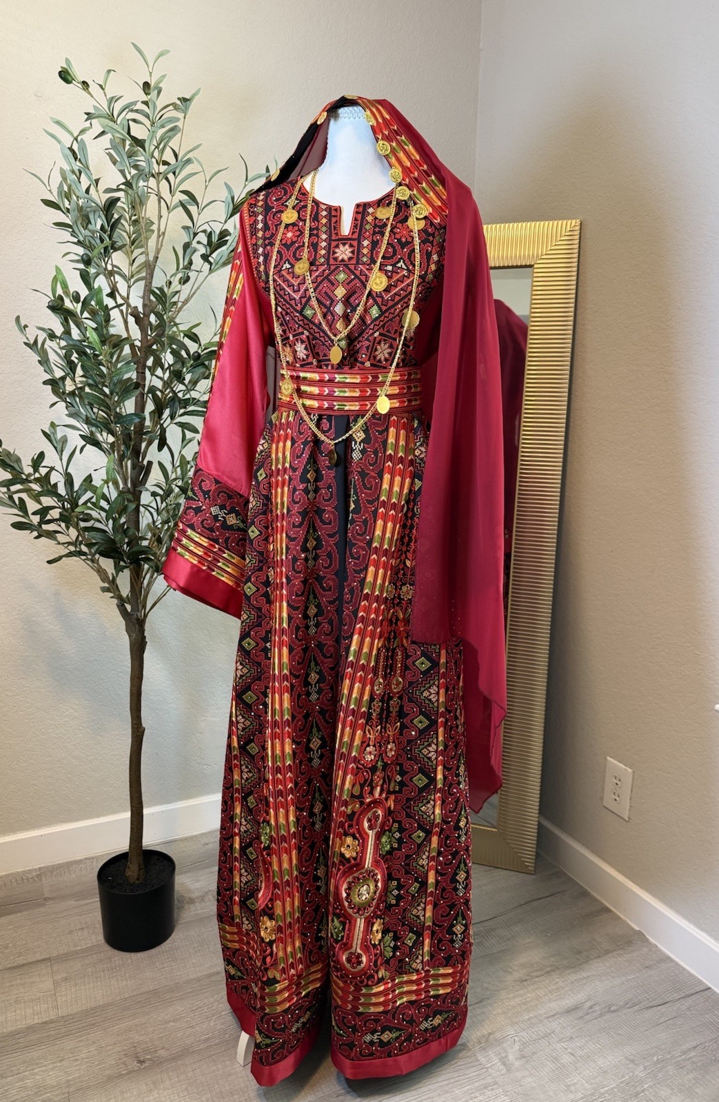 Tatreez of Palestine Rawan Thobe Embroidered Velvet Kaftan Dress Red OS