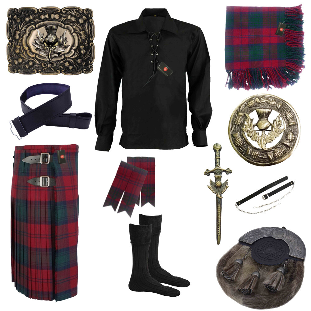 Lindsay Tartan Kilt Outfit Set Thistle Pin Buckle Brooch Hose Socks Flashes Wool