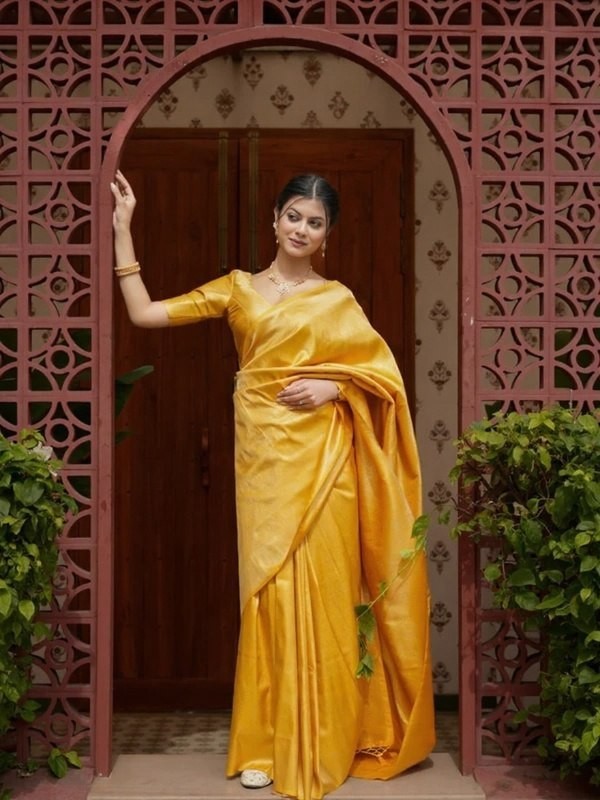 Elegant Yellow Silk Saree | 100% Silk | Traditional Wear Indian Sari
