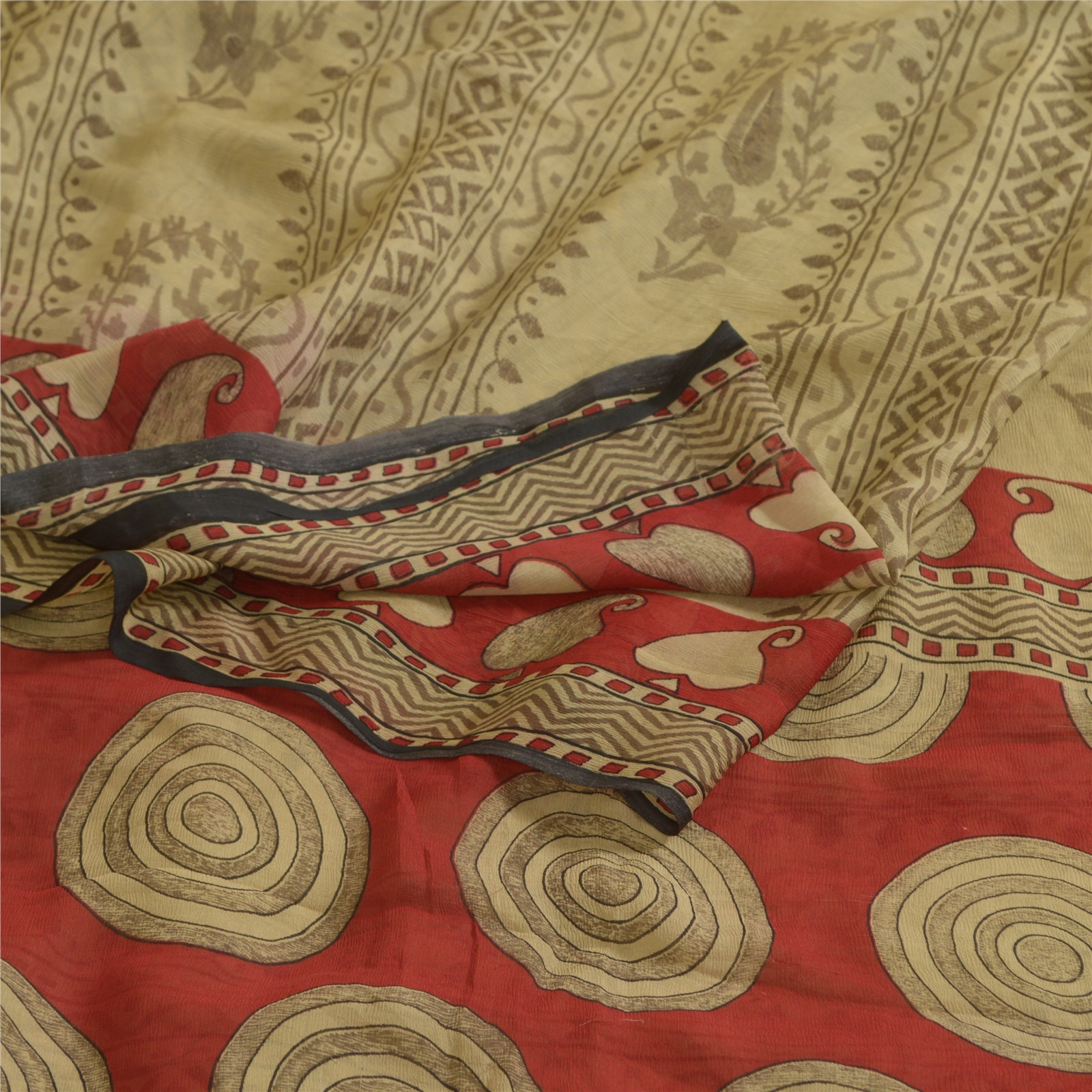 Sanskriti Vintage Sarees Cream/Red Pure Chiffon Silk Printed Sari Craft Fabric