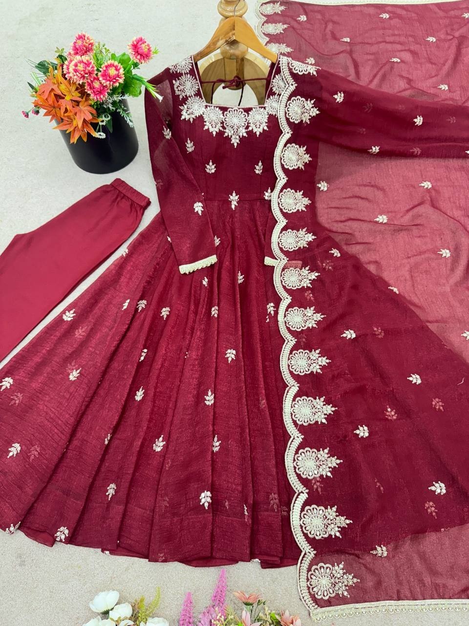 Designer New Crunchy Silk Gown Bottom With Maroon Dupatta For Indian Function