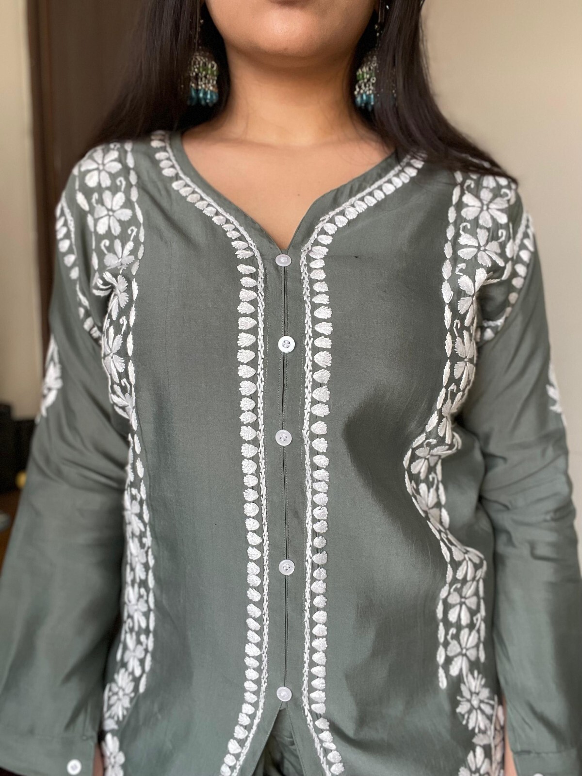 WOMEN CHANDERI SILK COLORED DESIGNER TULIP CORD SET WITH PREMIUM EMBROIDERY