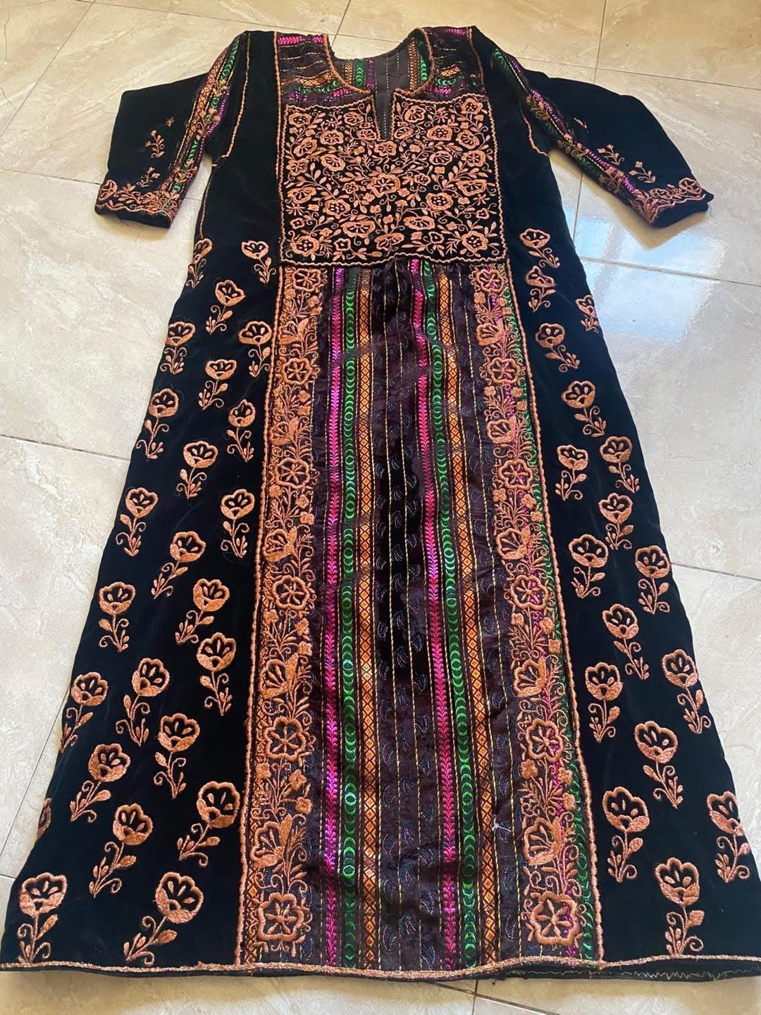 Rare Vintage Palestinian Velvet Thobe Hand Embroidered Folk Dress