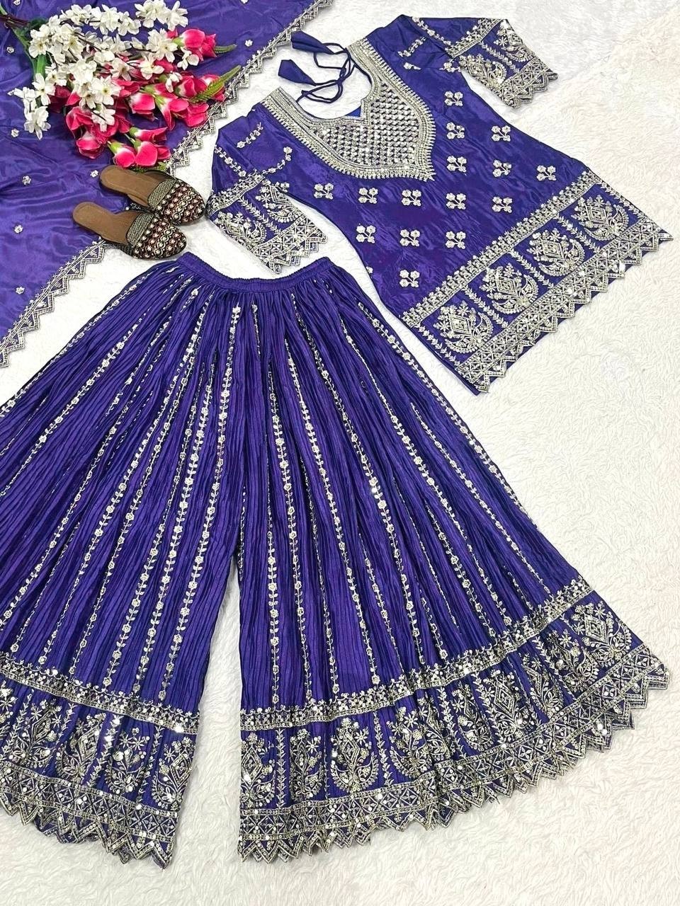 Latest Heavy Chinon Silk Purple Top Palazzo With Dupatta For Functional Wear