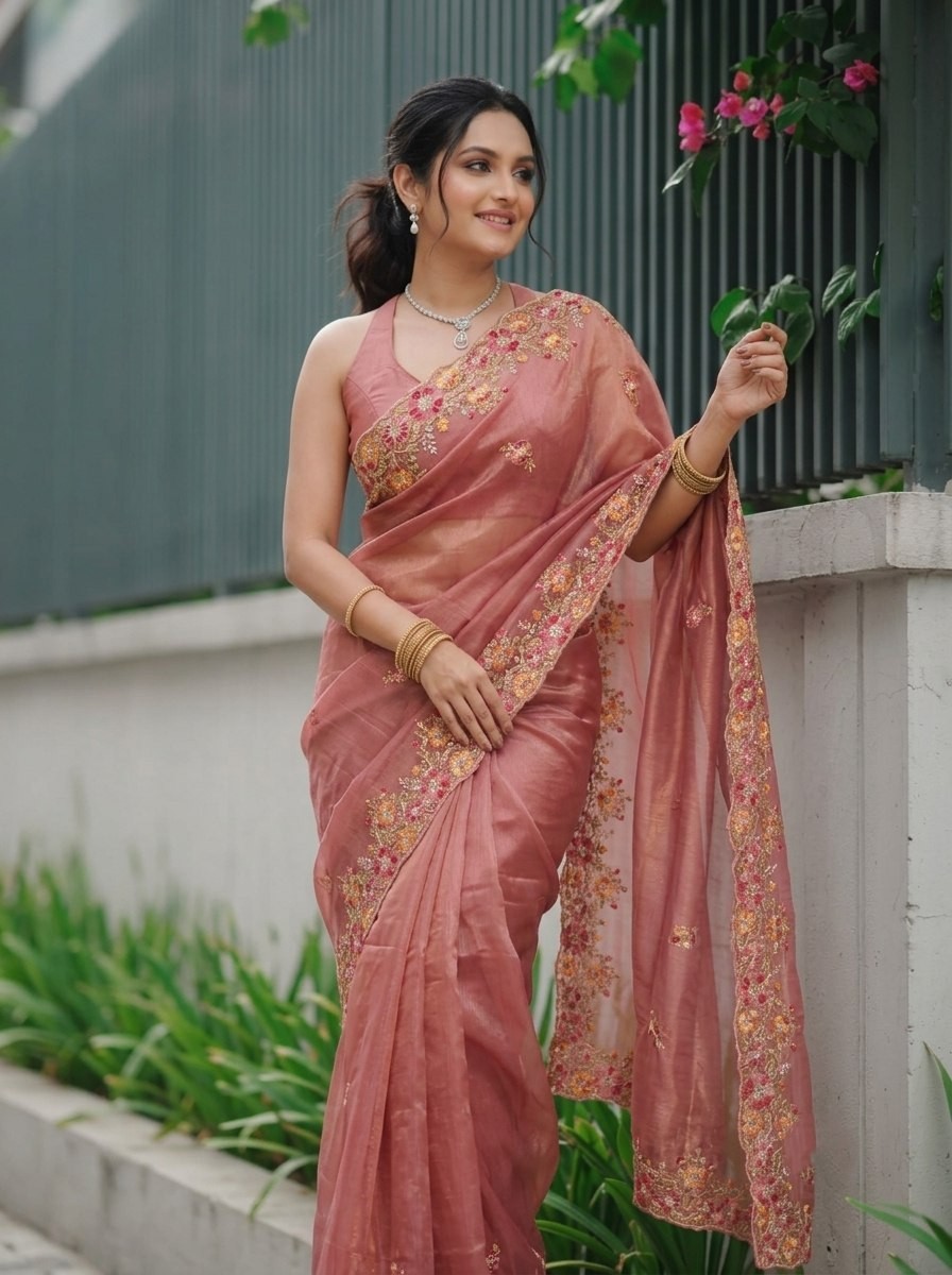 Soft Twill Net Embroidery Saree Wedding Party Wear Cutwork Saree Blouse