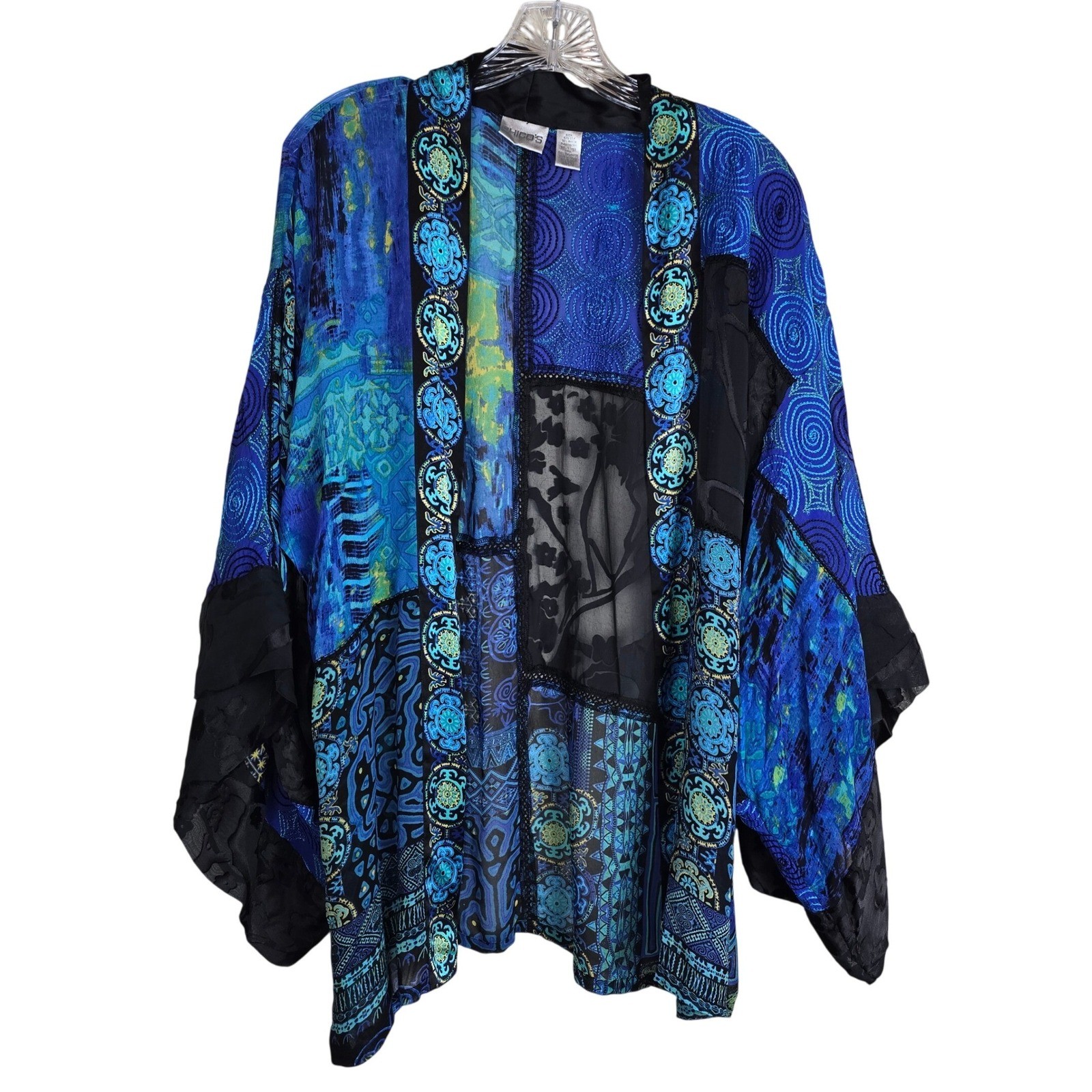 Chico’s Silk Blend Patchwork Kimono Jacket Blue Purple Burnout Velvet Size S/M