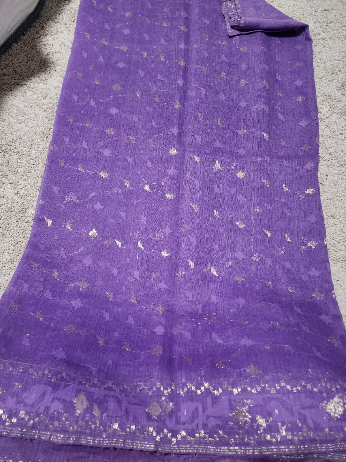 Purple Silver Zari Handwoven Dhakai Jamdani Saree 100% Pure Vintage, 5yd