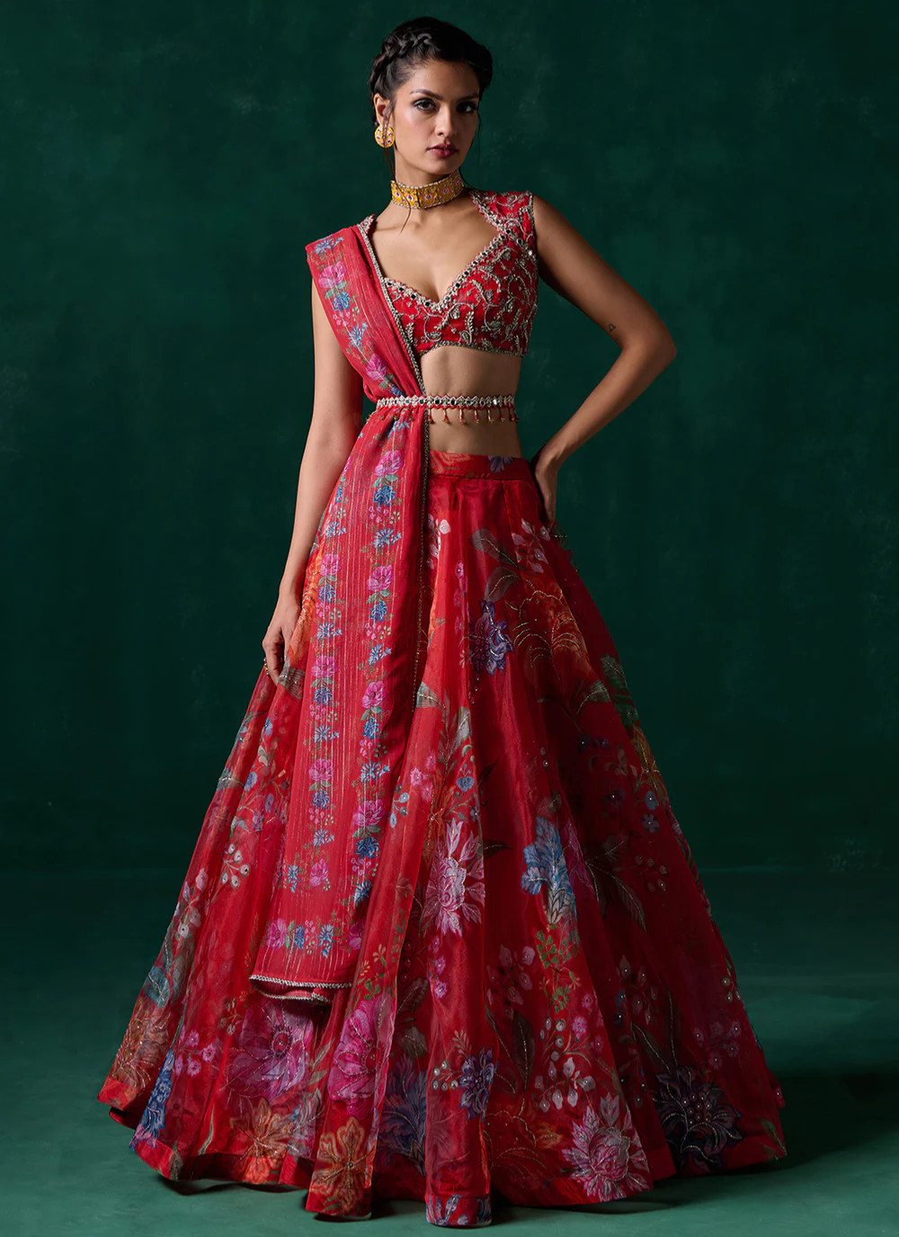 Lashkaraa Red Multicolor Floral Printed Lehenga