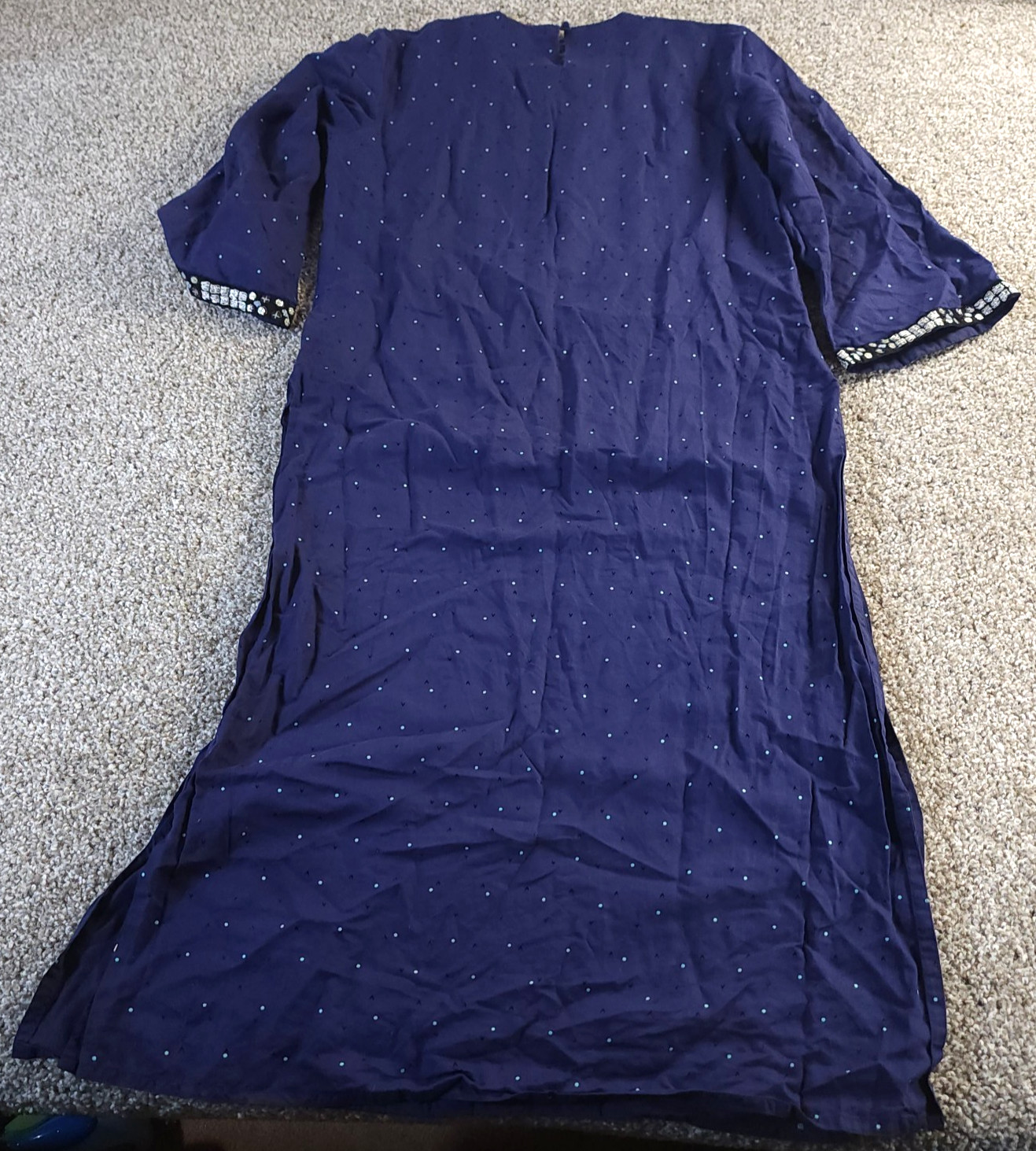 Aarong Womens 40 Large Blue Embroidered Kurta Tunic Round Neck 3/4 Sleeve Boho