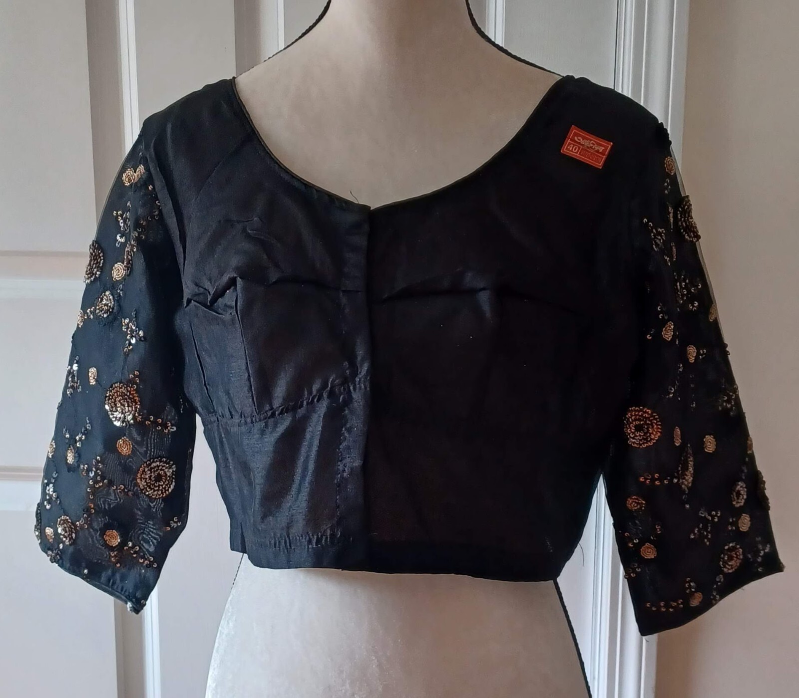 New Black Sequin Ready Made Stitches Brocade Saree Blouse Ready to Wear.