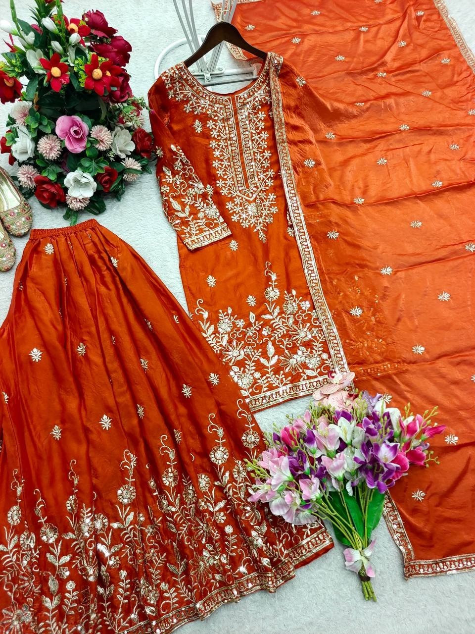 Pure Chinon Silk Anarkali Salwar Kameez Beautiful Wedding Wear Gown Palazzo Suit