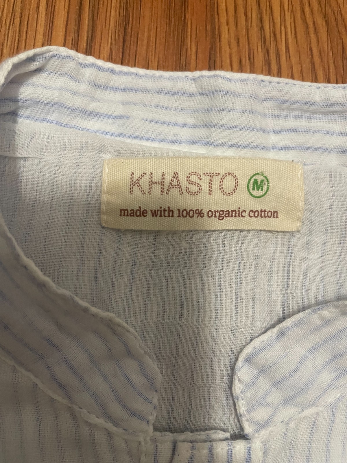 Khasto Mens Medium Kurta Organic Cotton Band Collar Tunic Blue Stripe